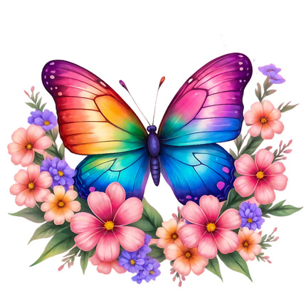 A colorful rainbow butterfly fabric panel with its wings open, surrounded by pink and purple flowers and green leaves.