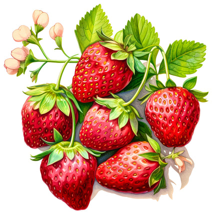 A digitally printed 100% cotton fabric panel featuring a group of red strawberries with green leaves