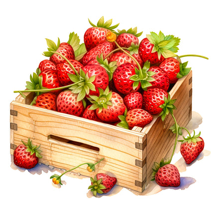 A fabric panel block featuring a digitally printed pattern of strawberries in a wooden crate.