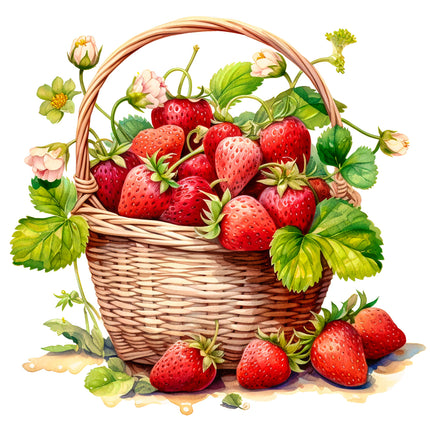 A fabric panel block featuring a digitally printed design with strawberries and green leaves in a wicker basket.