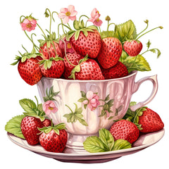 A fabric panel block featuring a floral patterned cup filled with whole strawberries and green leaves on a white background.