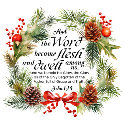 Christmas wreath with pinecones, berries, and a red bow, featuring John 1:14 text fabric panel