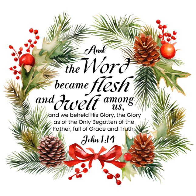 Christmas wreath with pinecones, berries, and a red bow, featuring John 1:14 text fabric panel