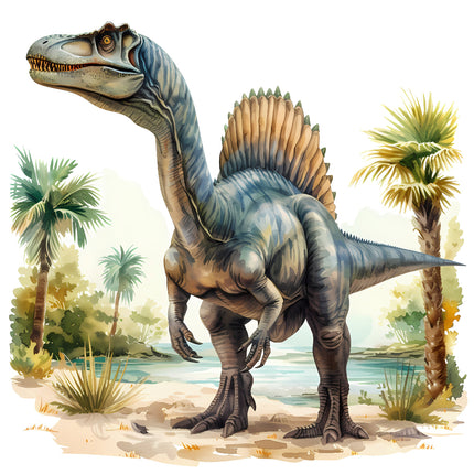 A digitally printed 100% cotton fabric panel featuring a realistic illustration of a dinosaur in a prehistoric landscape with palm trees.