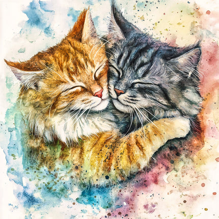 A digitally printed 100% cotton fabric panel featuring two cats, one orange and one gray, in a cuddling pose with a watercolor background.