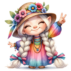 A colorful illustration of a hippie-style gnome girl fabric panel