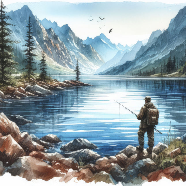 Fishing scene with a person by a lake surrounded by mountains and trees fabric panel