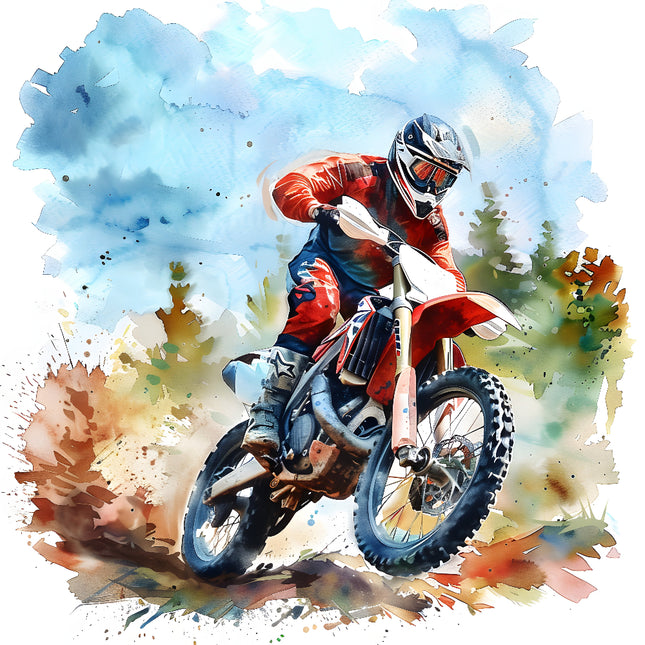 A digitally printed 100% cotton fabric panel featuring a quilt block design with a dirt bike