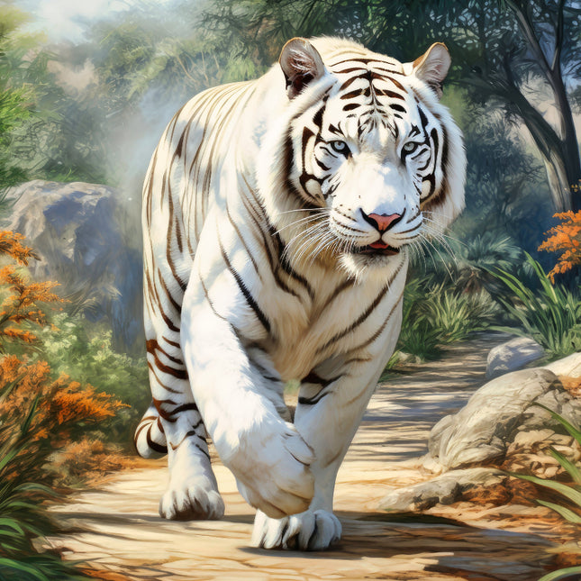 A digitally printed fabric panel featuring a white tiger in a natural setting with greenery and rocks in the background.