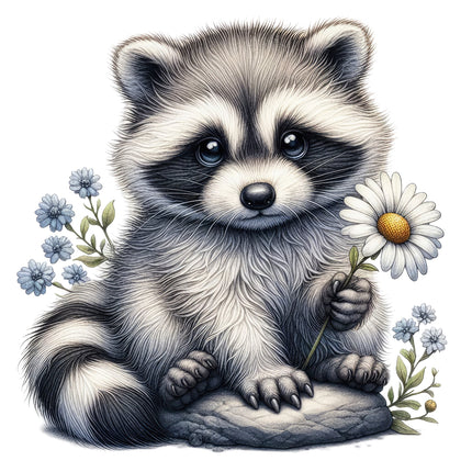 A digitally printed fabric panel featuring a cartoon raccoon sitting on a rock with a daisy and other small flowers in the background.