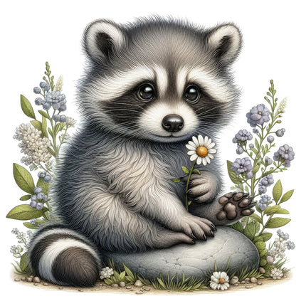 A digitally printed fabric panel featuring a cartoon raccoon sitting on a rock with a flower in its paw, surrounded by grass and flowers.