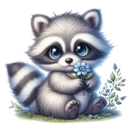 A digitally printed fabric panel featuring a cute raccoon holding a blue flower with green leaves in the background.