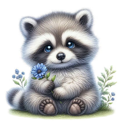 A digitally printed fabric panel featuring a cute raccoon holding a blue flower with a background of green grass and small blue flowers.