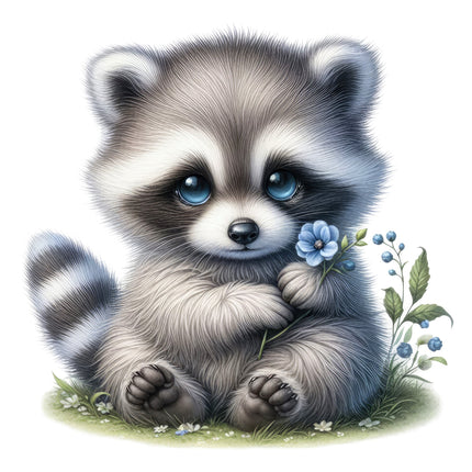 A digitally printed 100% cotton fabric panel featuring a cute raccoon 