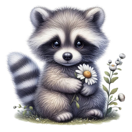 A digitally printed fabric panel featuring a cute raccoon holding a flower, with a background of grass and small plants.