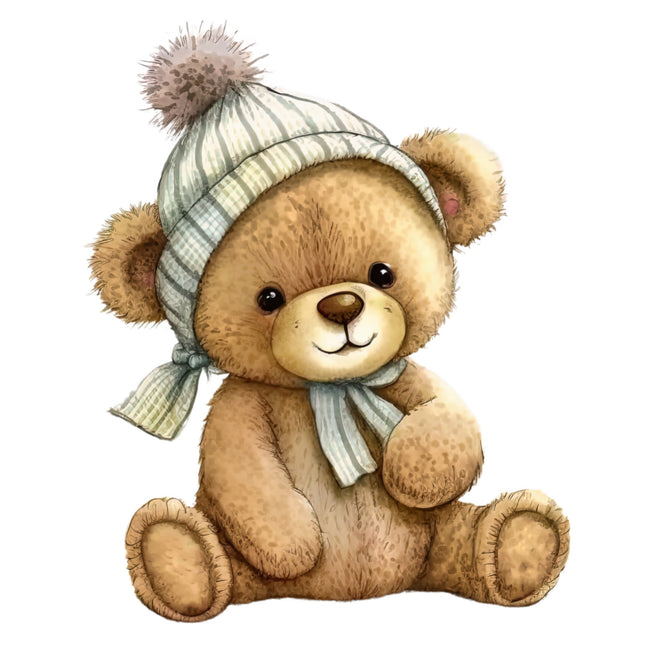 Teddy bear wearing a striped hat and scarf fabric panel