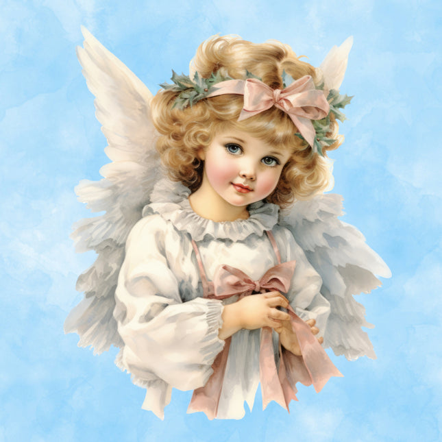 Illustration of an angelic girl with wings and a bow against a blue sky background fabric panel