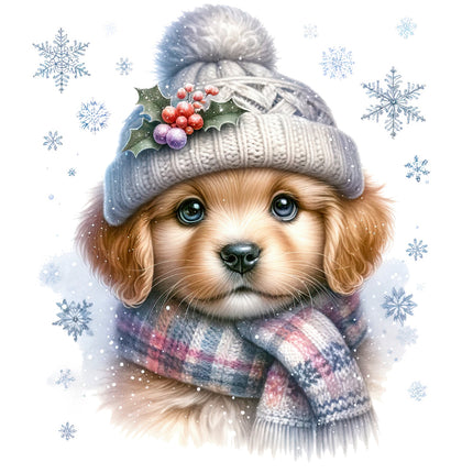 A digitally printed 100% cotton fabric panel featuring a cute puppy wearing a knitted hat 