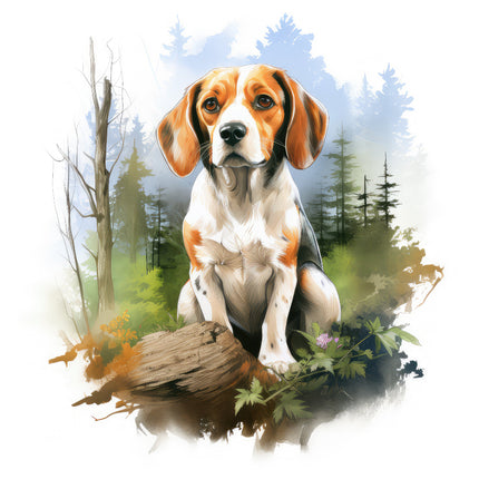 A digitally printed fabric panel featuring a beagle dog sitting on a log with a forest background.