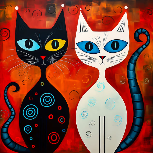 Two stylized cats, one black and one white, with colorful eyes fabric panel