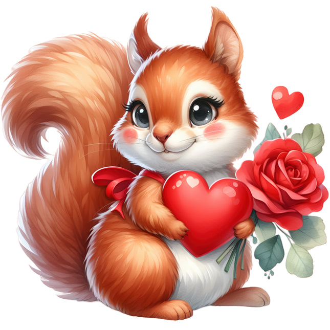 Cartoon squirrel holding a heart and flowers fabric panel