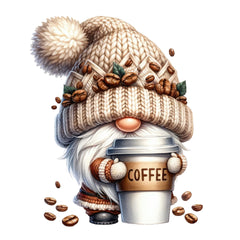 A digitally printed fabric panel featuring a gnome character with a knit hat, holding a cup of coffee, surrounded by coffee beans.
