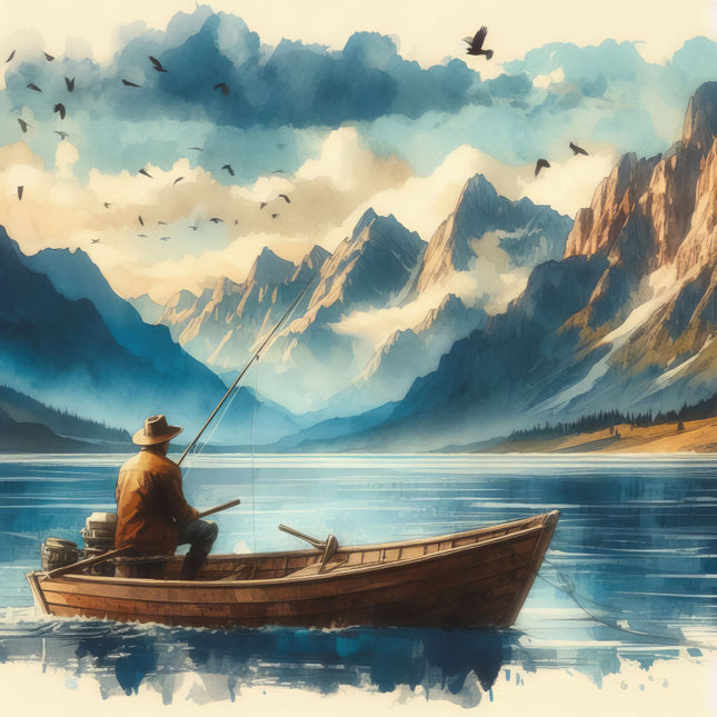 Man fishing in a boat on a mountain lake with mountains and birds in the background fabric panel