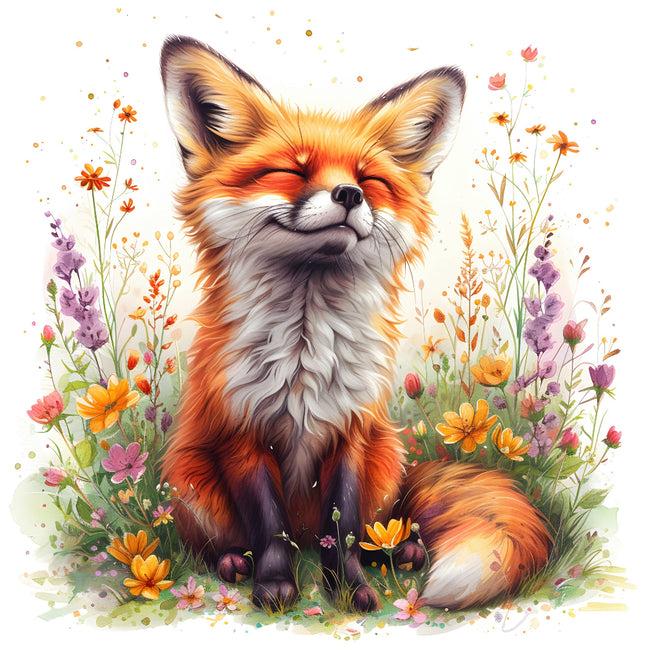 A digitally printed fabric panel featuring a cute fox sitting in a field of colorful flowers.