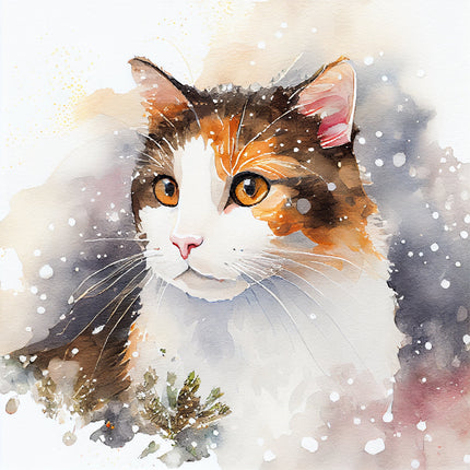 A digitally printed 100% cotton fabric panel featuring a watercolor painting of a calico cat with snowflakes.