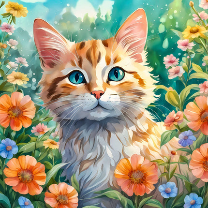 Illustration of a cat with blue eyes surrounded by colorful flowers