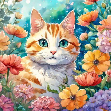 Cat surrounded by colorful flowers fabric panel