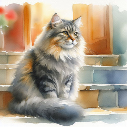 A digitally printed 100% cotton fabric panel featuring a long-haired cat sitting on a brick surface with a blurred background.