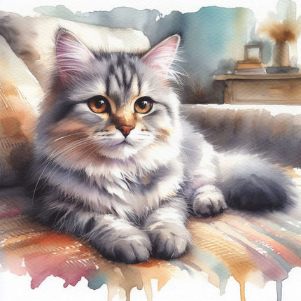 A digitally printed 100% cotton fabric panel featuring a block image of a gray cat with orange highlights on a multicolored background.