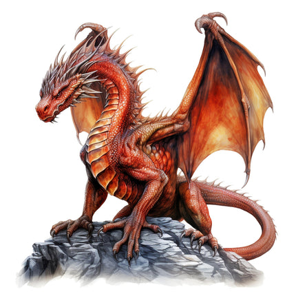 A digitally printed fabric panel featuring a red dragon with wings extended, perched on a rock.