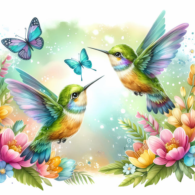 A colorful fabric panel featuring two hummingbirds with butterfly, surrounded by floral designs.