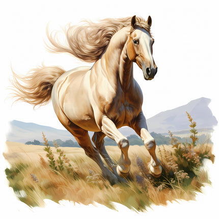 Horse running in a field with mountains fabric panel