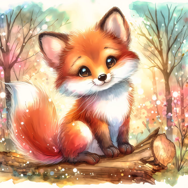 A digitally printed fabric panel featuring a cute fox sitting on a log with a forest background.