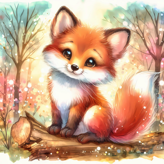 fox sitting on a log with a colorful forest quilt panel