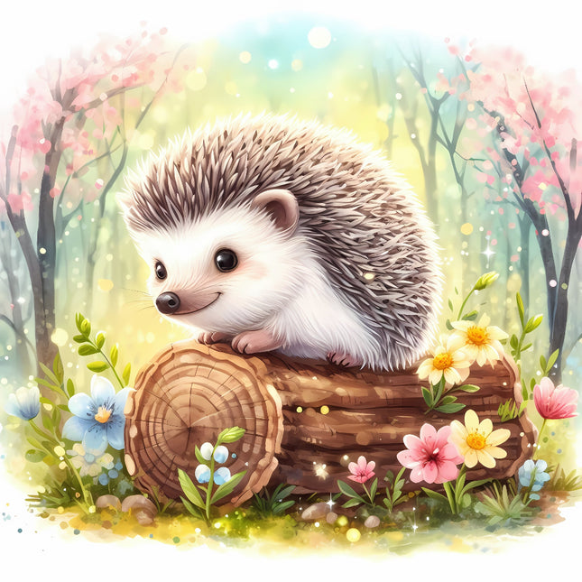 A digitally printed fabric panel featuring a cute hedgehog sitting on a wooden log surrounded by colorful flowers and a forest backdrop.