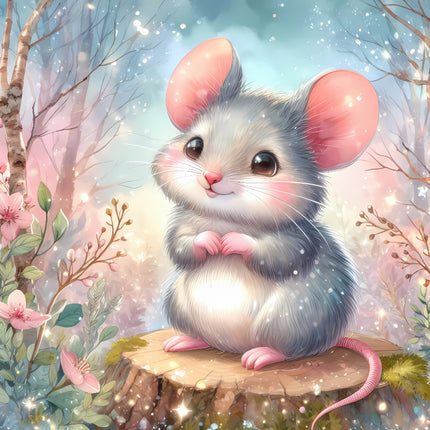 A digitally printed fabric panel featuring a cute cartoon mouse standing on a stump with a background of a forest and fairies.