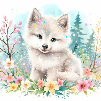 A digitally printed fabric panel featuring a cute wolf surrounded by colorful flowers and foliage on a white background.