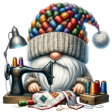 A digital illustration of a gnome sitting at a sewing machine with a 100% cotton fabric panel in front, surrounded by colorful threads and a knitted hat with yarn.