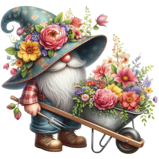 A digitally printed 100% cotton fabric panel featuring a floral gnome with a hat full of flowers and a wheelbarrow of flowers as well.