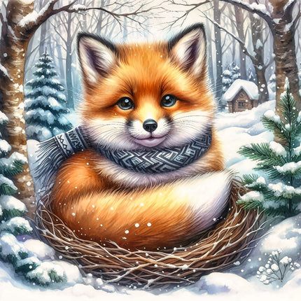 A digitally printed 100% cotton fabric panel featuring a cute fox with a scarf sitting in a snowy forest setting.