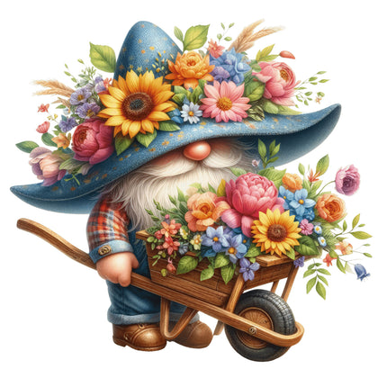 A digitally printed 100% cotton fabric panel featuring a gardening gnome with a blue hat and a wheelbarrow full of colorful flowers.