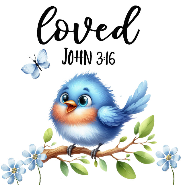 Illustration of a blue bird on a branch with flowers and a butterfly, featuring the text 'loved John 3:16'.
