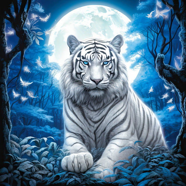 A digitally printed 100% cotton fabric panel featuring a white tiger in a moonlit forest setting.