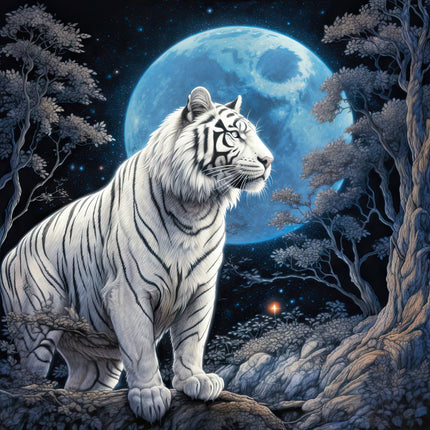 A fabric panel featuring a digitally printed white tiger sitting on a rock with a full moon and trees in the background.