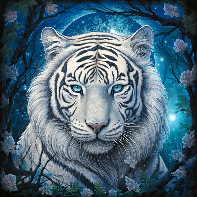 A digitally printed fabric panel featuring a white tiger with blue eyes, surrounded by a blue floral design and a night sky.