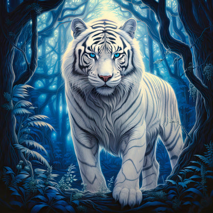 A digitally printed fabric panel featuring a white tiger in a forest setting with blue tones.